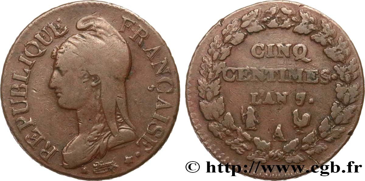 Cinq centimes Dupré, grand module 1799 Paris F.115/46 TB25
