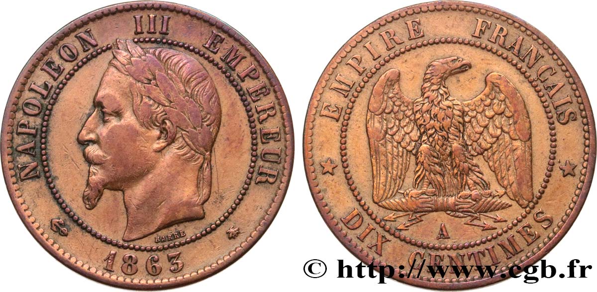 Dix centimes Napoléon III, tête laurée 1863 Paris F.134/10 TB+