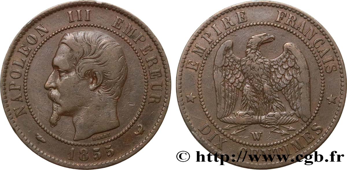 Dix centimes Napoléon III, tête nue 1855 Lille F.133/32 VF25 