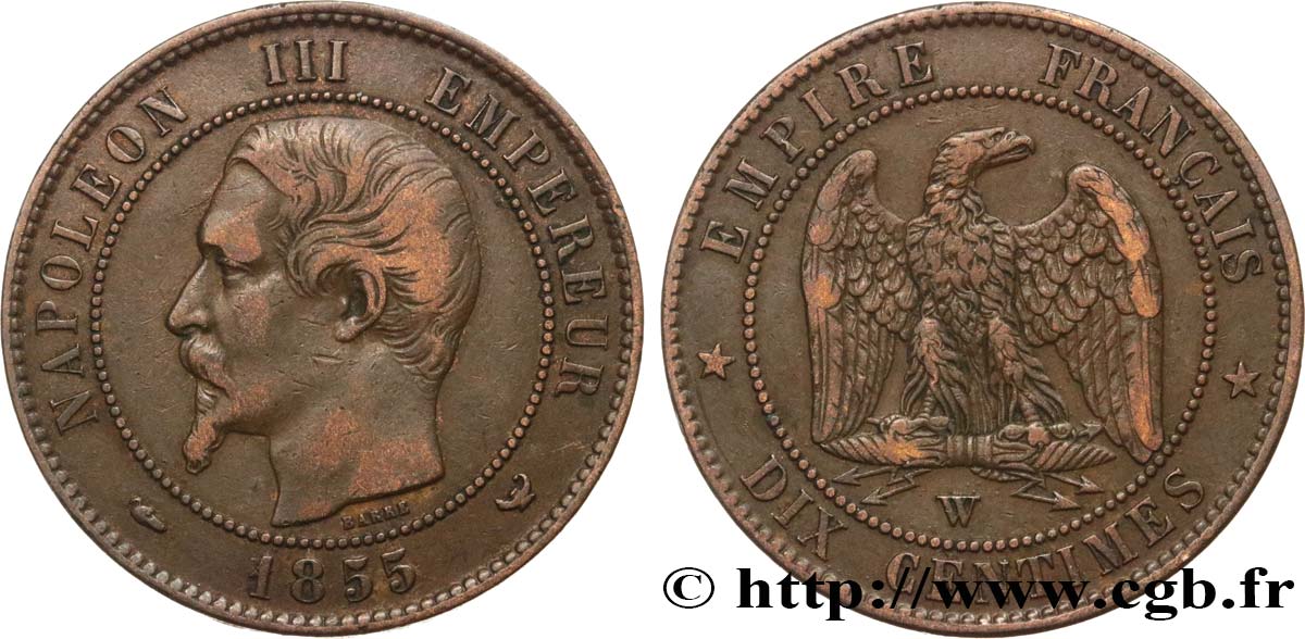 Dix centimes Napoléon III, tête nue 1855 Lille F.133/32 VF35 