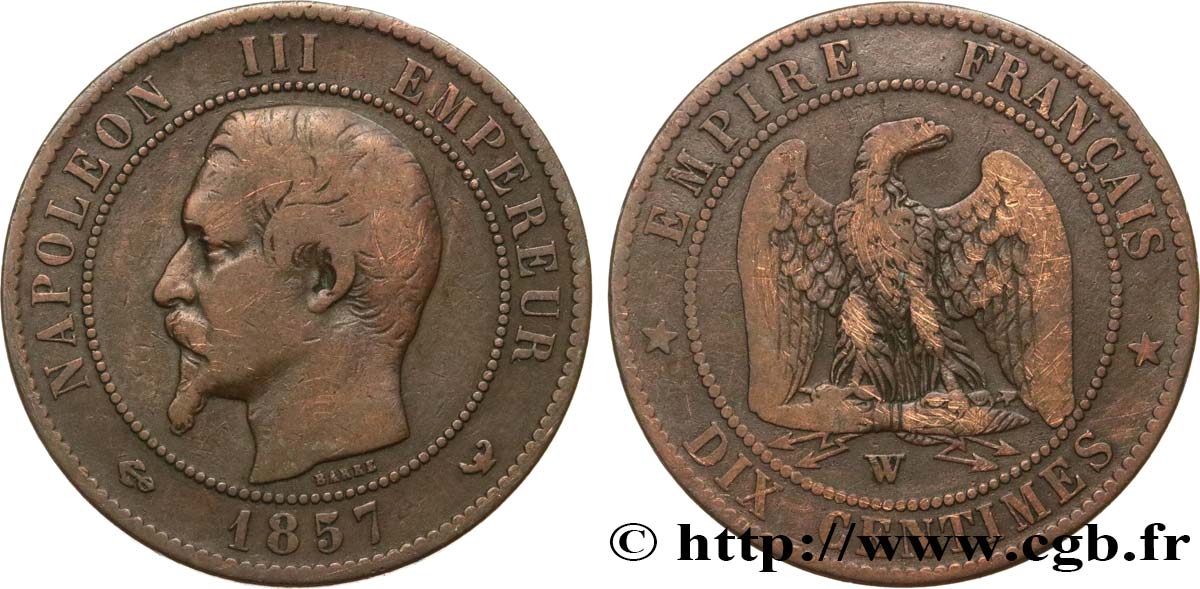 Dix centimes Napoléon III, tête nue 1857 Lille F.133/46 q.MB 