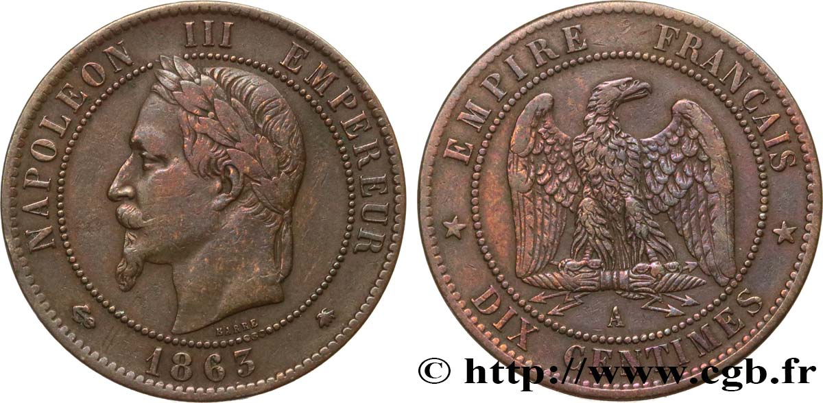 Dix centimes Napoléon III, tête laurée 1863 Paris F.134/10 TB35