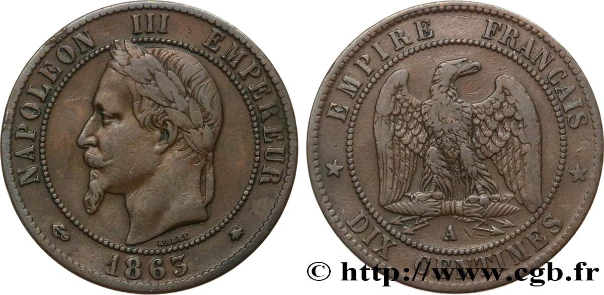 Dix centimes Napoléon III, tête laurée 1863 Paris F.134/10 TB35