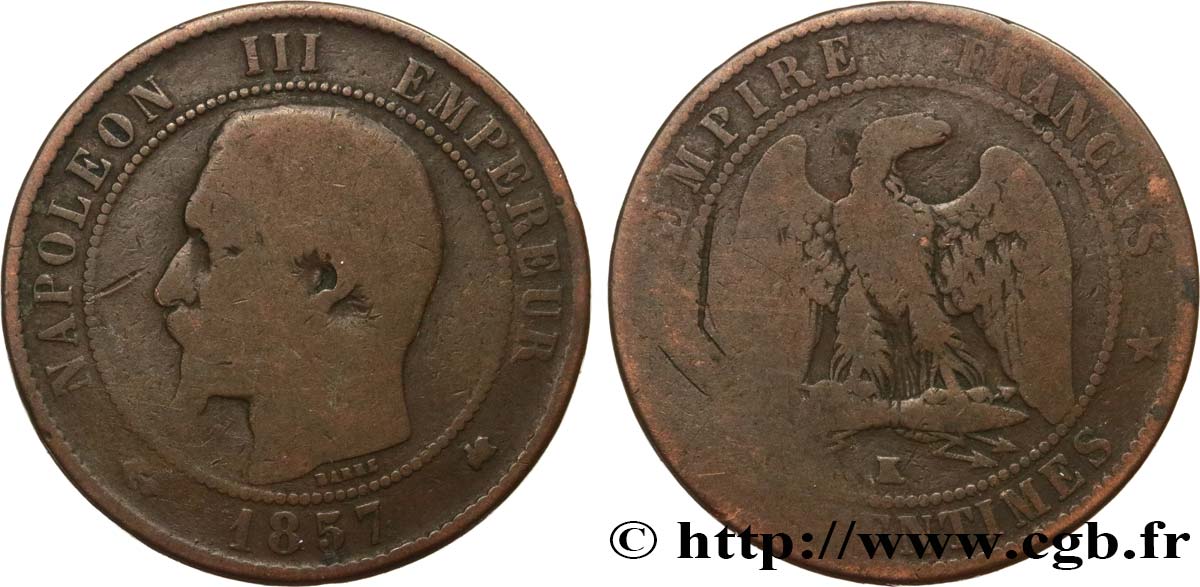 Dix centimes Napoléon III, tête nue 1857 Bordeaux F.133/44 VG8