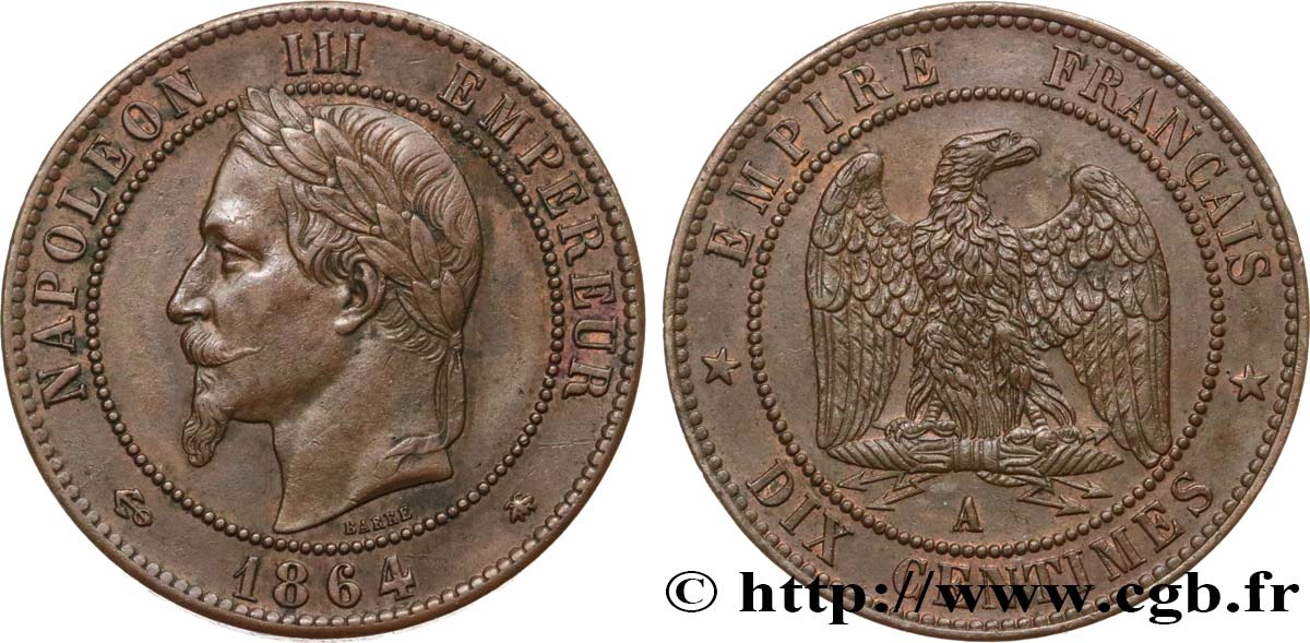 Dix centimes Napoléon III, tête laurée 1864 Paris F.134/13 AU50 
