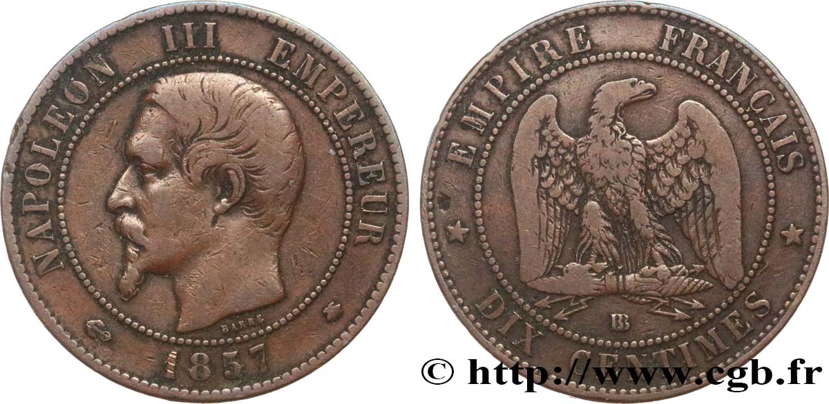 Dix centimes Napoléon III, tête nue 1857 Strasbourg F.133/43 VF20