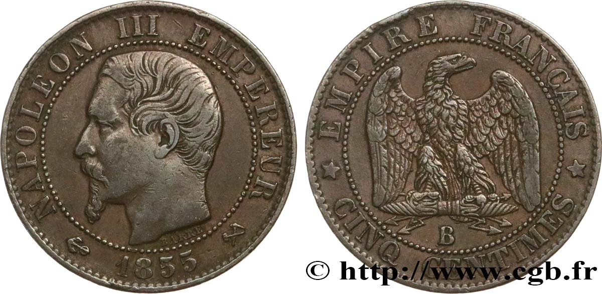 Cinq centimes Napoléon III, tête nue 1855 Rouen F.116/19 TTB40