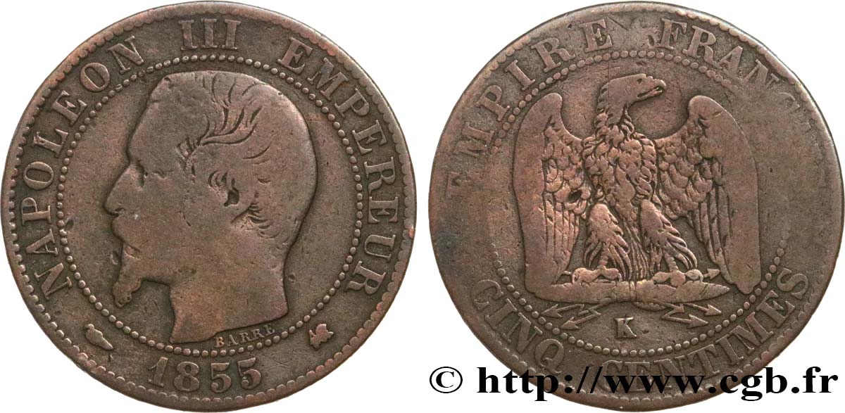 Cinq centimes Napoléon III, tête nue 1855 Bordeaux F.116/24 B10 