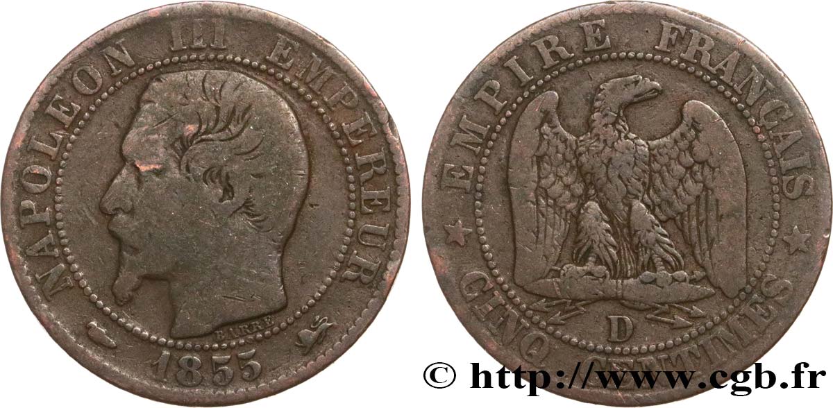 Cinq centimes Napoléon III, tête nue 1855 Lyon F.116/22 F15