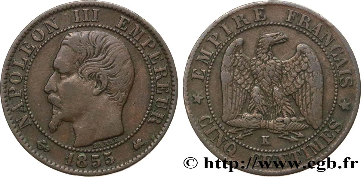 Cinq centimes Napoléon III, tête nue 1855 Bordeaux F.116/25 VF35 