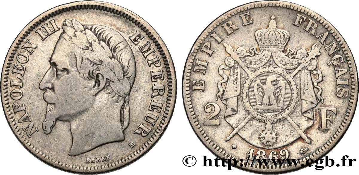 2 francs Napoléon III, tête laurée 1869 Strasbourg F.263/11 TB20
