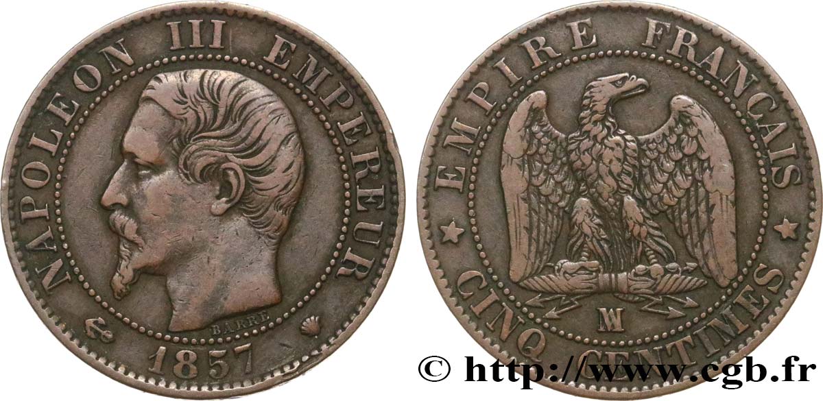 Cinq centimes Napoléon III, tête nue 1857 Marseille F.116/42 MB35