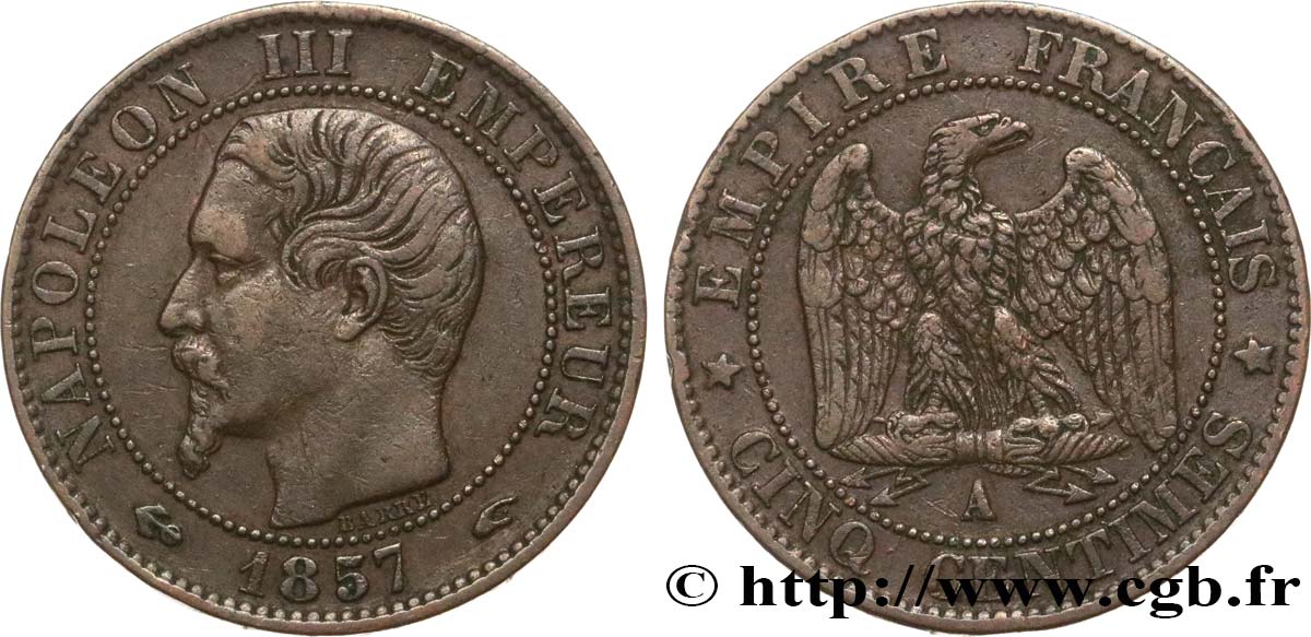 Cinq centimes Napoléon III, tête nue 1857 Paris F.116/37 TTB40