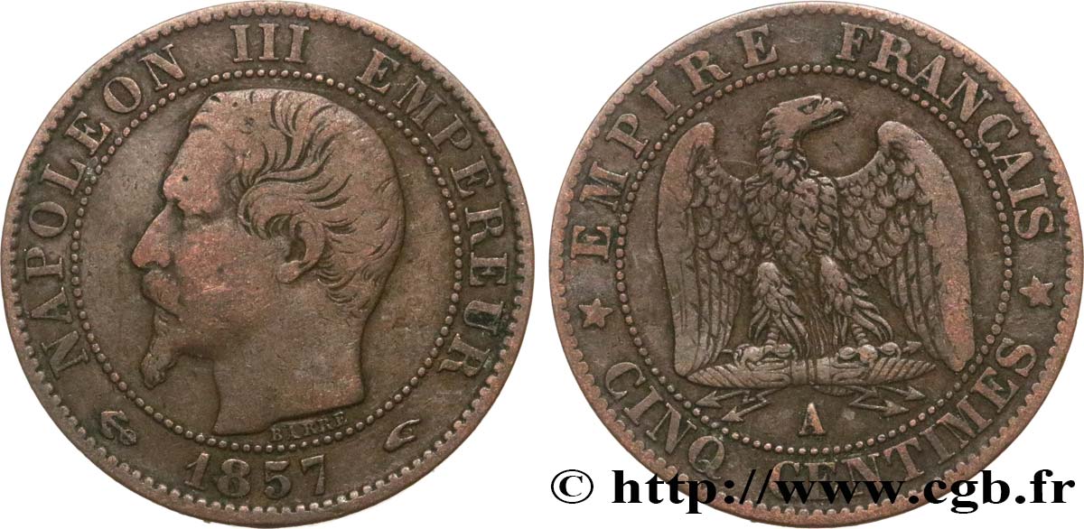 Cinq centimes Napoléon III, tête nue 1857 Paris F.116/37 VF25
