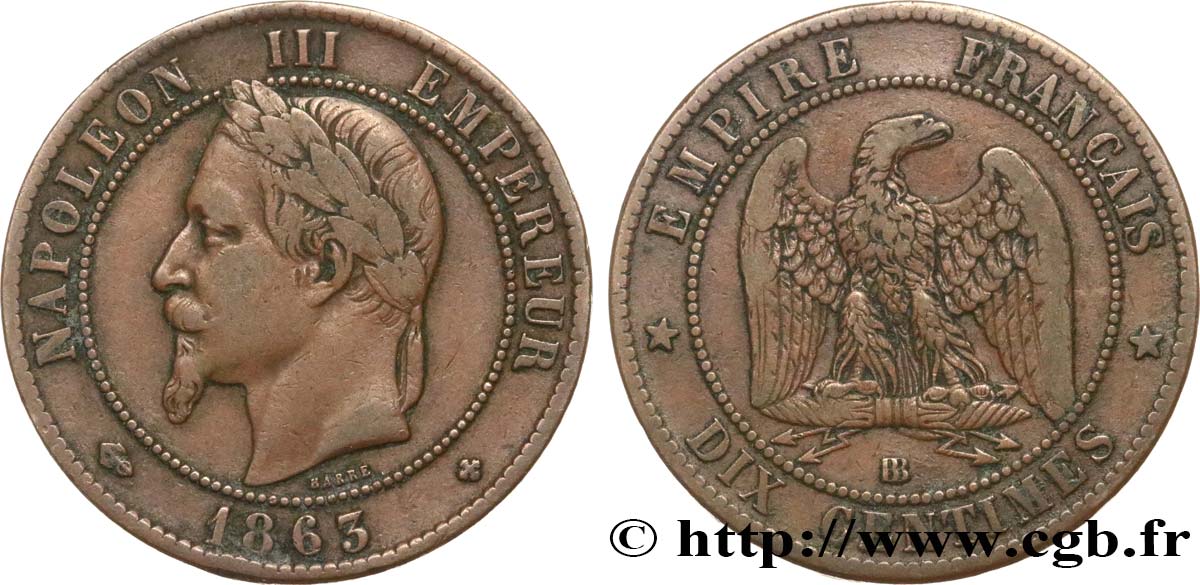 Dix centimes Napoléon III, tête laurée 1863 Strasbourg F.134/11 VF30 
