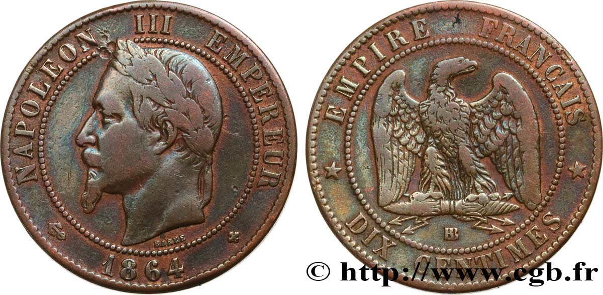 Dix centimes Napoléon III, tête laurée 1864 Strasbourg F.134/14 MB