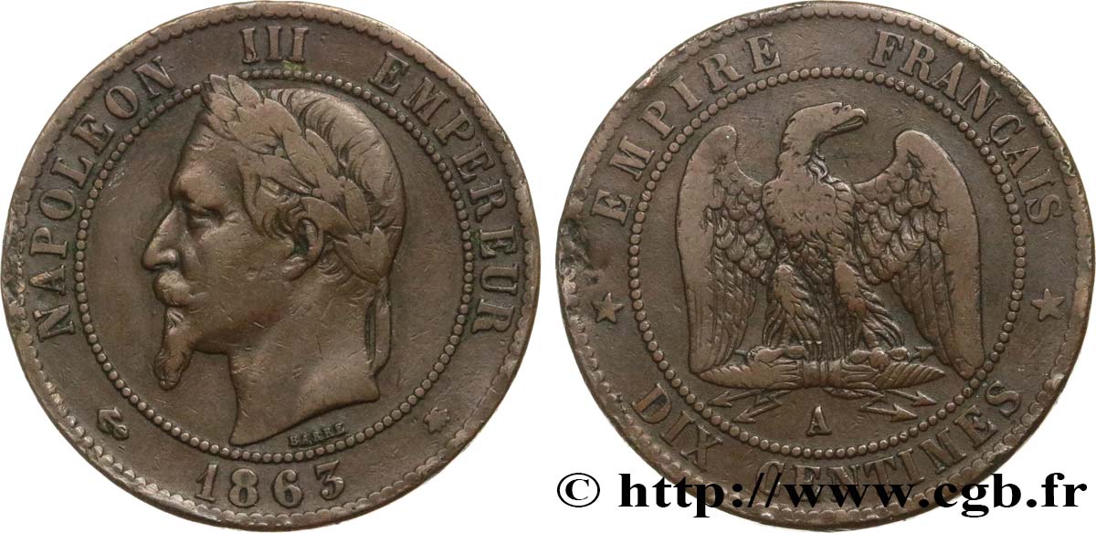 Dix centimes Napoléon III, tête laurée 1863 Paris F.134/10 TB25