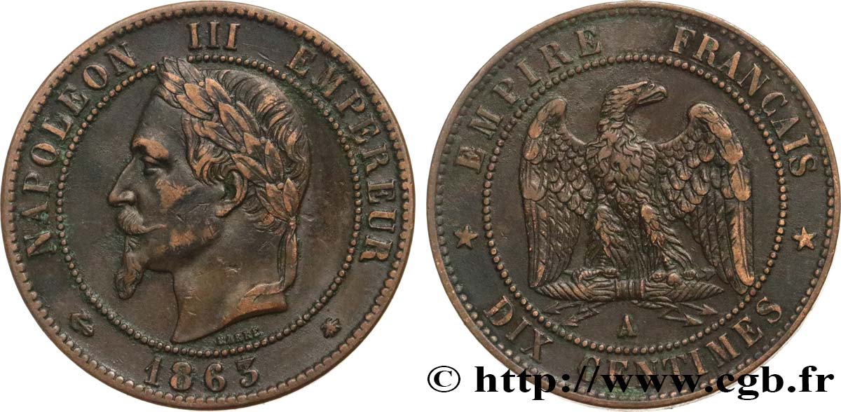 Dix centimes Napoléon III, tête laurée 1863 Paris F.134/10 TTB45