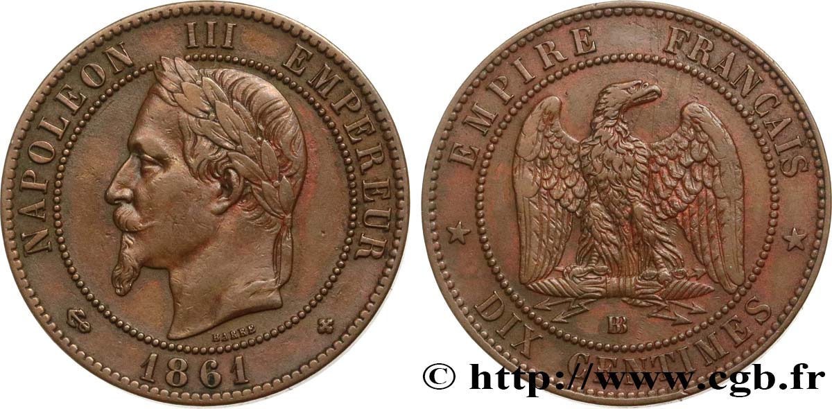 Dix centimes Napoléon III tête laurée 1861 Strasbourg F 134 5 fmd