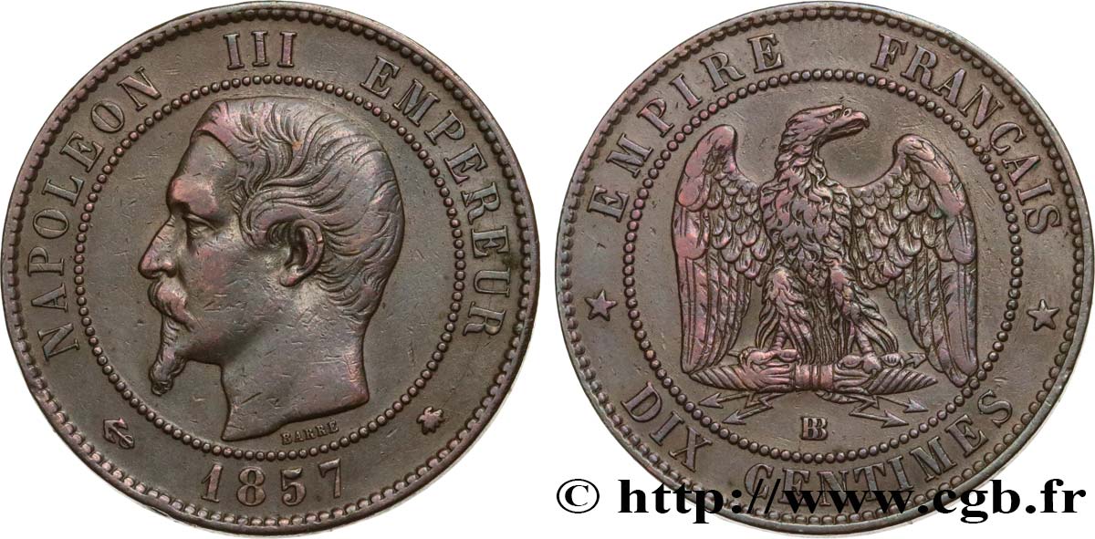 Dix centimes Napoléon III, tête nue 1857 Strasbourg F.133/43 TTB