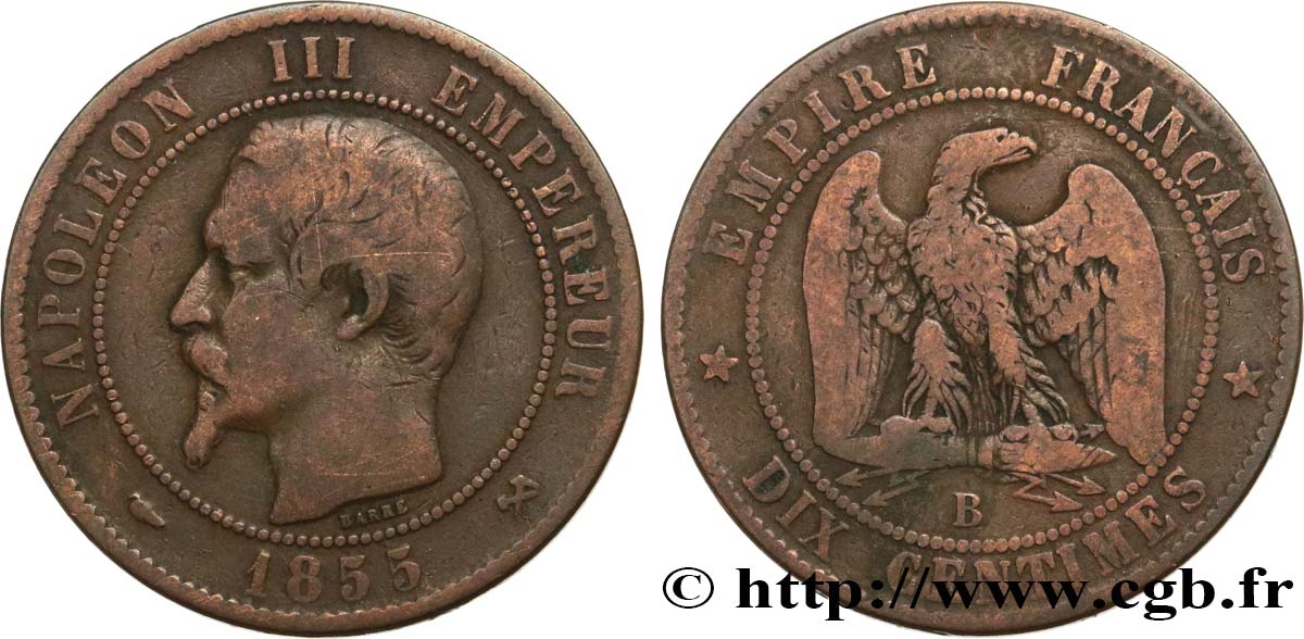 Dix centimes Napoléon III, tête nue 1855 Rouen F.133/21 F15 