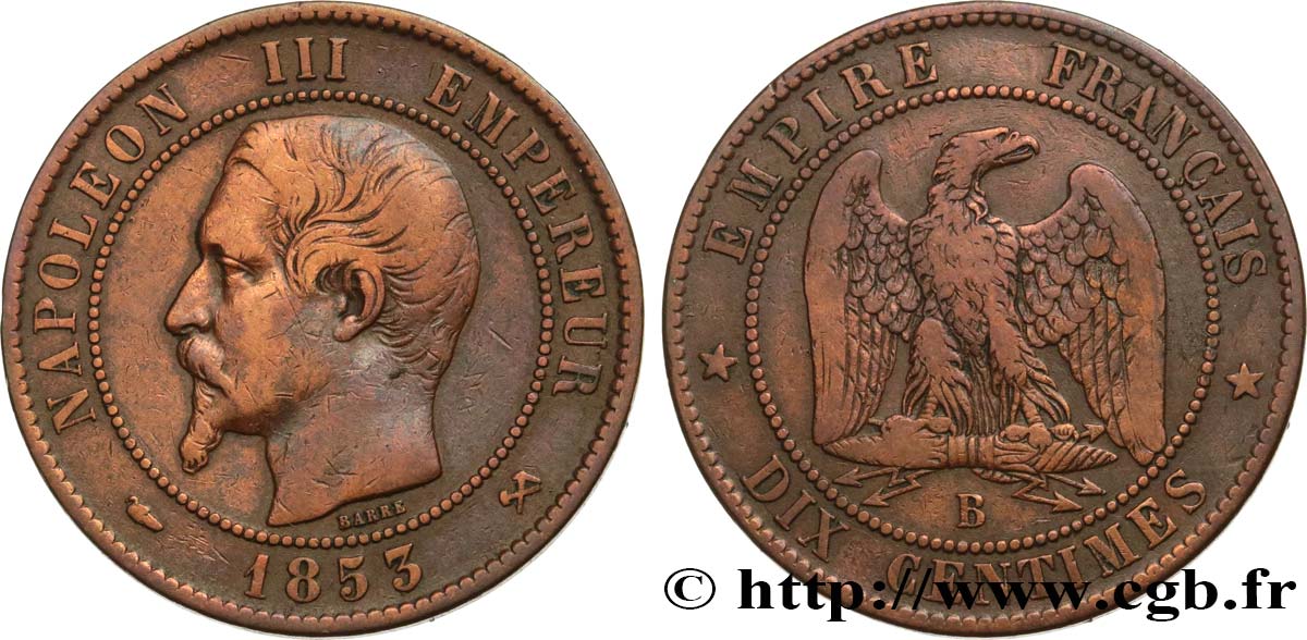 Dix centimes Napoléon III, tête nue 1853 Rouen F.133/3 TB