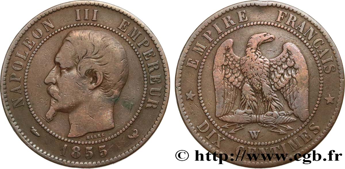 Dix centimes Napoléon III, tête nue 1855 Lille F.133/32 MB