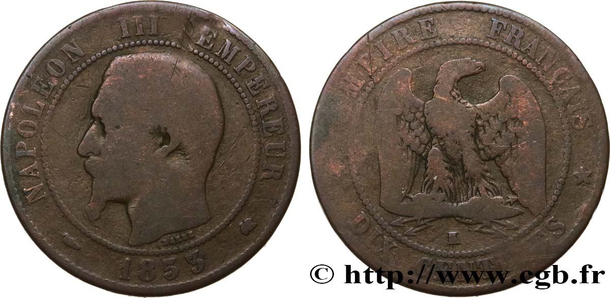 Dix centimes Napoléon III, tête nue 1853 Bordeaux F.133/7 B10 