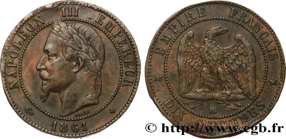Dix centimes Napoléon III, tête laurée 1861 Strasbourg F.134/5 BB45