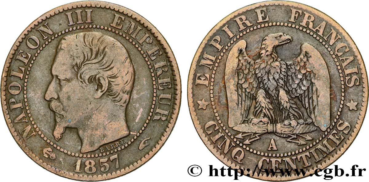 Cinq centimes Napoléon III, tête nue 1857 Paris F.116/37 VF20 