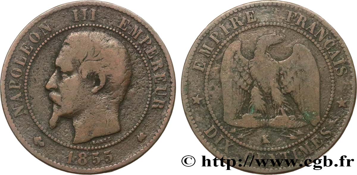 Dix centimes Napoléon III, tête nue 1855 Bordeaux F.133/29 MB15