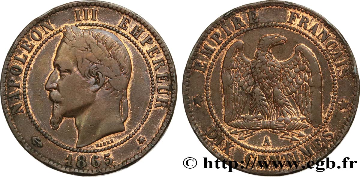 Dix centimes Napoléon III, tête laurée 1865 Paris F.134/16 MB30