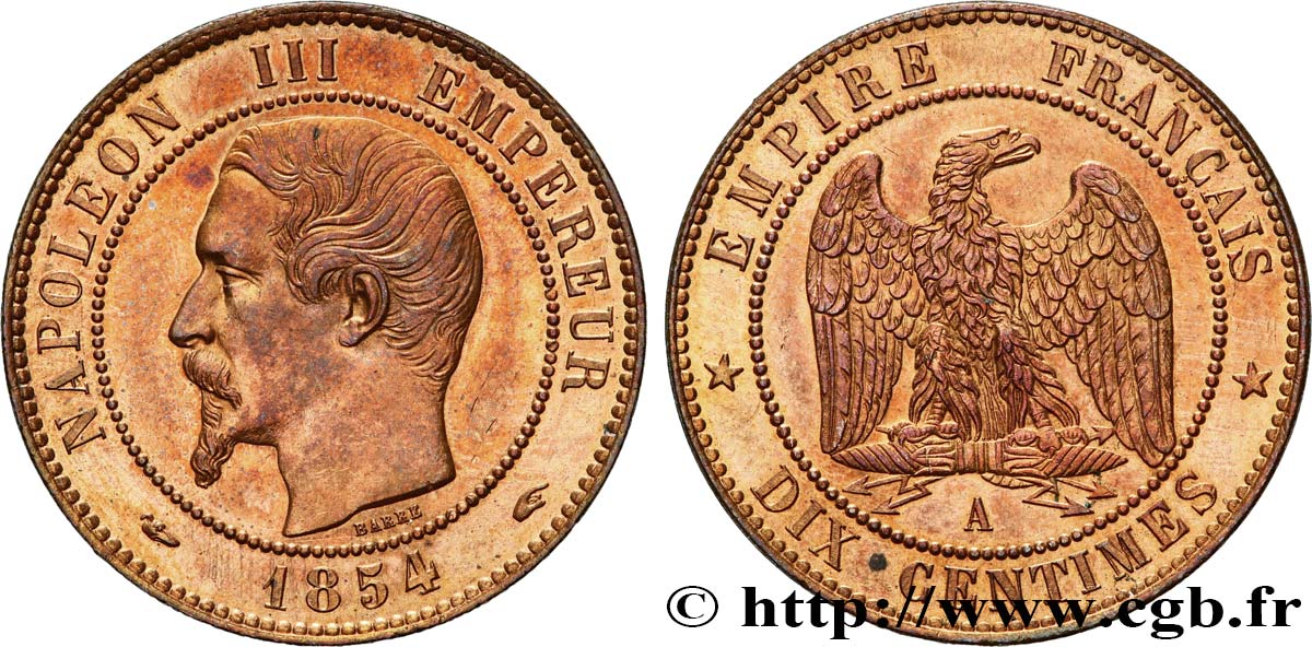 Dix centimes Napoléon III, tête nue 1854 Paris F.133/11 SUP