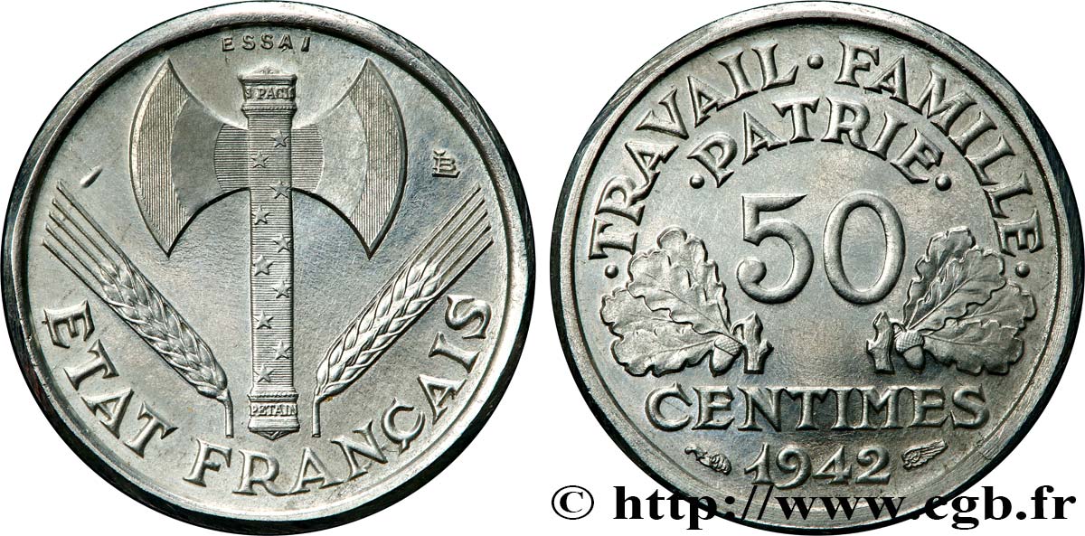 Essai-piéfort aluminium de 50 centimes Francisque, frappe médaille 1942 Paris GEM.86 EP1 fST63 