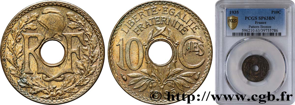Épreuve de 10 centimes Lindauer en bronze, sans le mot ESSAI 1935  F.138/22 var. SPL63 PCGS