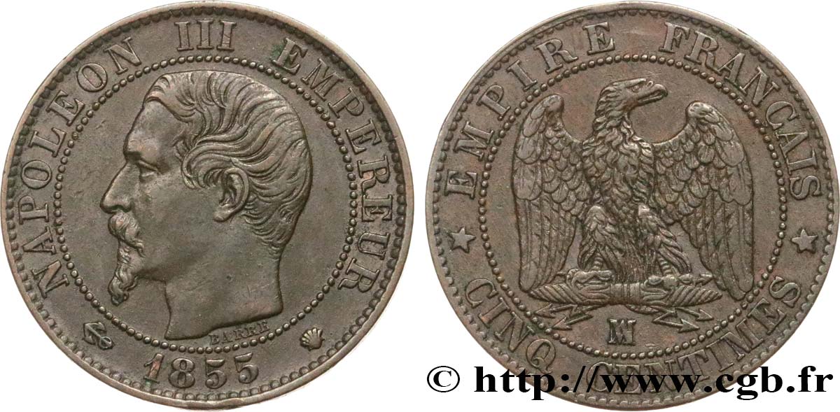 Cinq centimes Napoléon III, tête nue 1855 Marseille F.116/27 AU50 