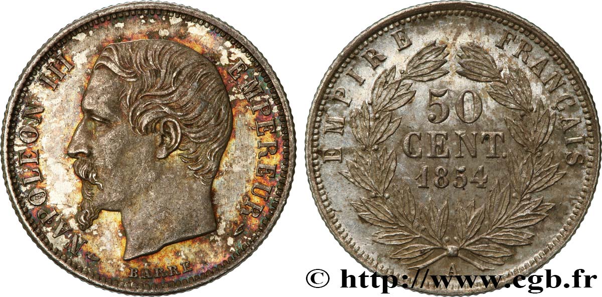 50 centimes Napoléon III, tête nue 1854 Paris F.187/2 SPL61 
