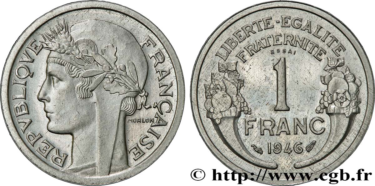 Essai-piéfort de 1 franc Morlon, légère 1946  GEM.101 EP SPL 
