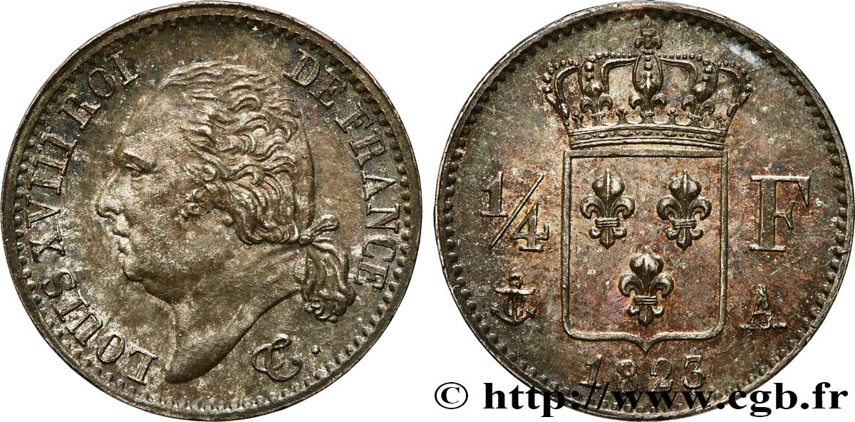 1/4 franc Louis XVIII 1823 Paris F.163/24 fST63 