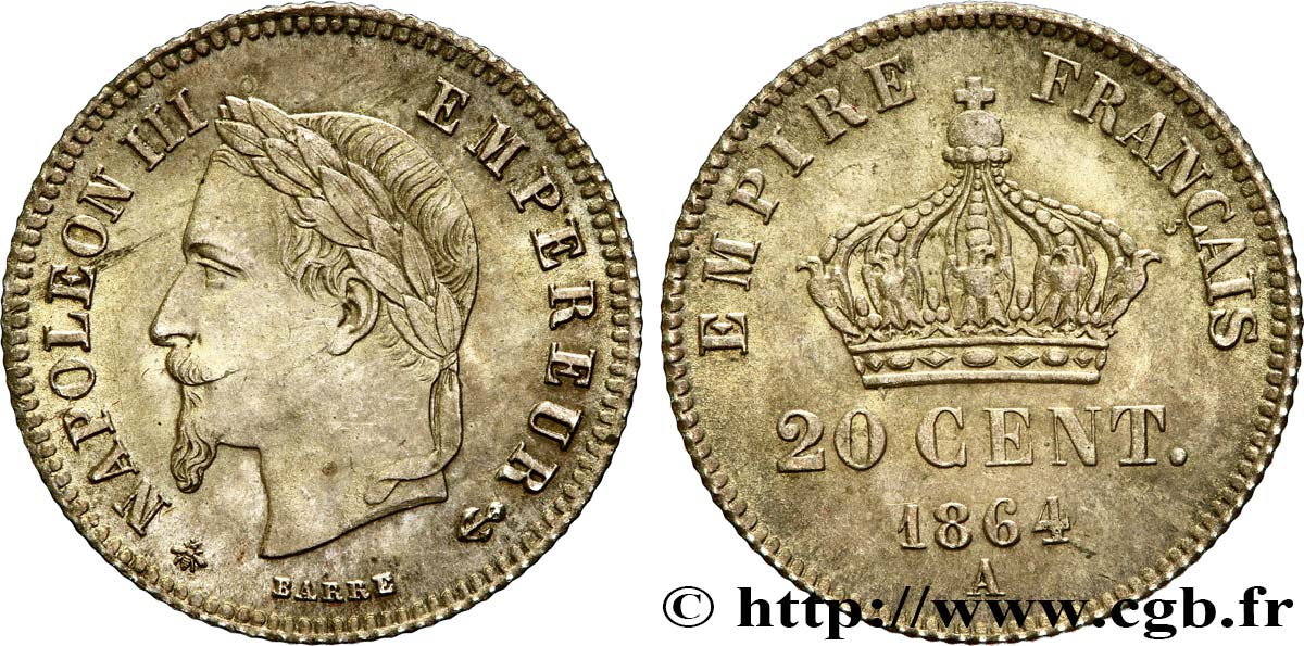 20 centimes Napoléon III, tête laurée, petit module 1864 Paris F.149/1 SUP62 
