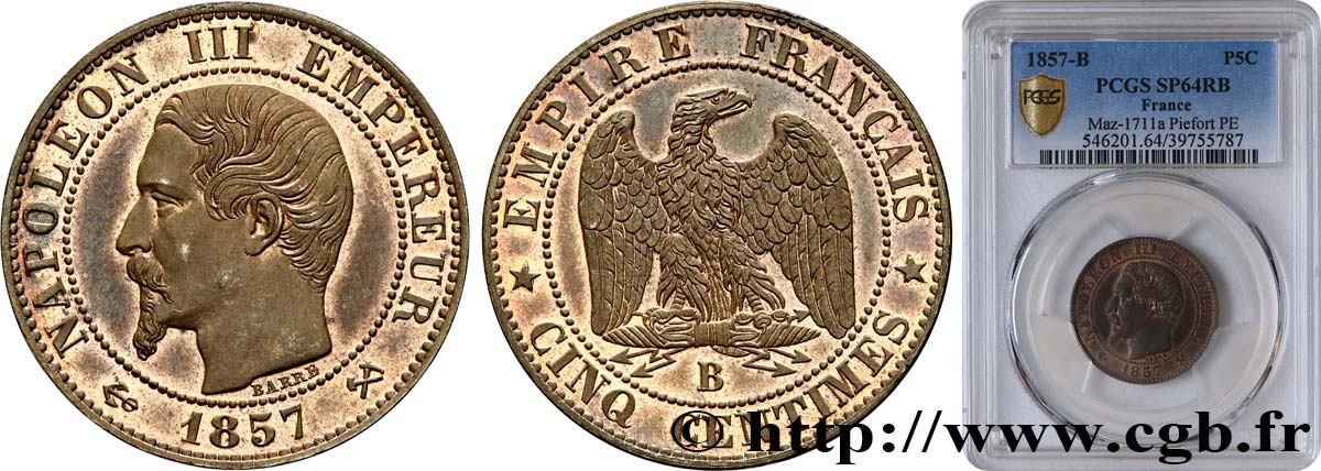 Piéfort de Cinq centimes Napoléon III Tête Nue, tranche lisse 1857 Rouen Maz.1711 a SC64 PCGS