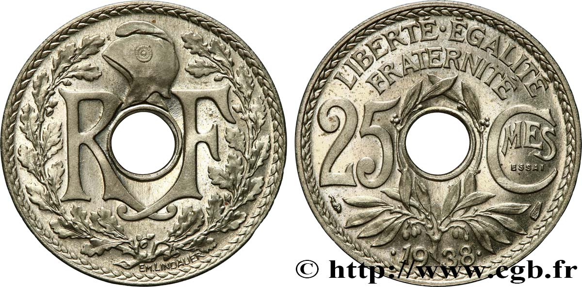 Essai de 25 centimes Lindauer, maillechort 1938 Paris F.172/1 fST64 