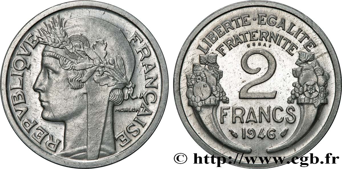 Essai-piéfort de 2 francs Morlon en aluminium 1946 Paris GEM.117 EP MS62 