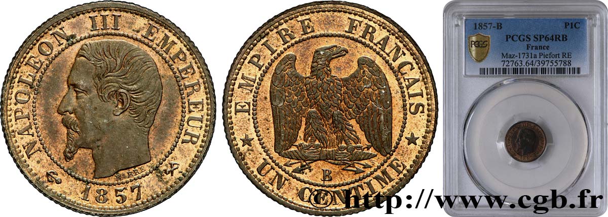 Piéfort de Un centime Napoléon III Tête Nue, tranche striée 1857 Rouen Maz.1731 a SPL64 PCGS