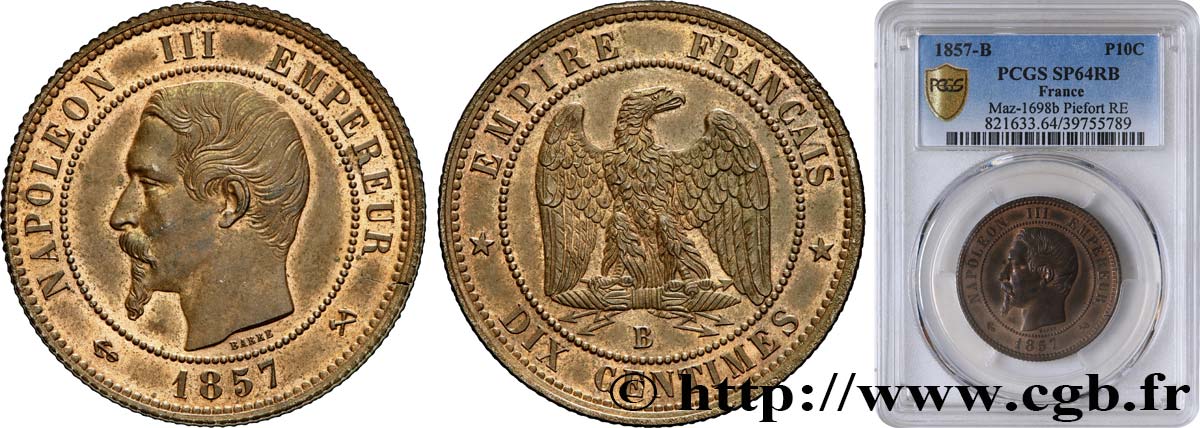 Piéfort de Dix centimes Napoléon III Tête Nue, tranche striée 1857 Rouen Maz.1698 b SPL64 PCGS