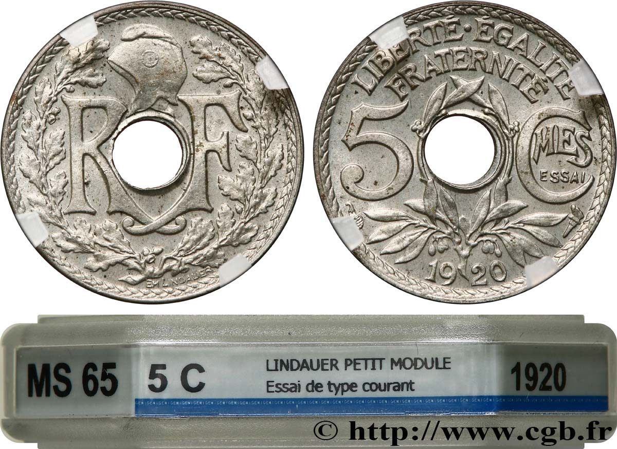 Essai de 5 centimes Lindauer, petit module 1920 Paris F.122/1 MS65 GENI