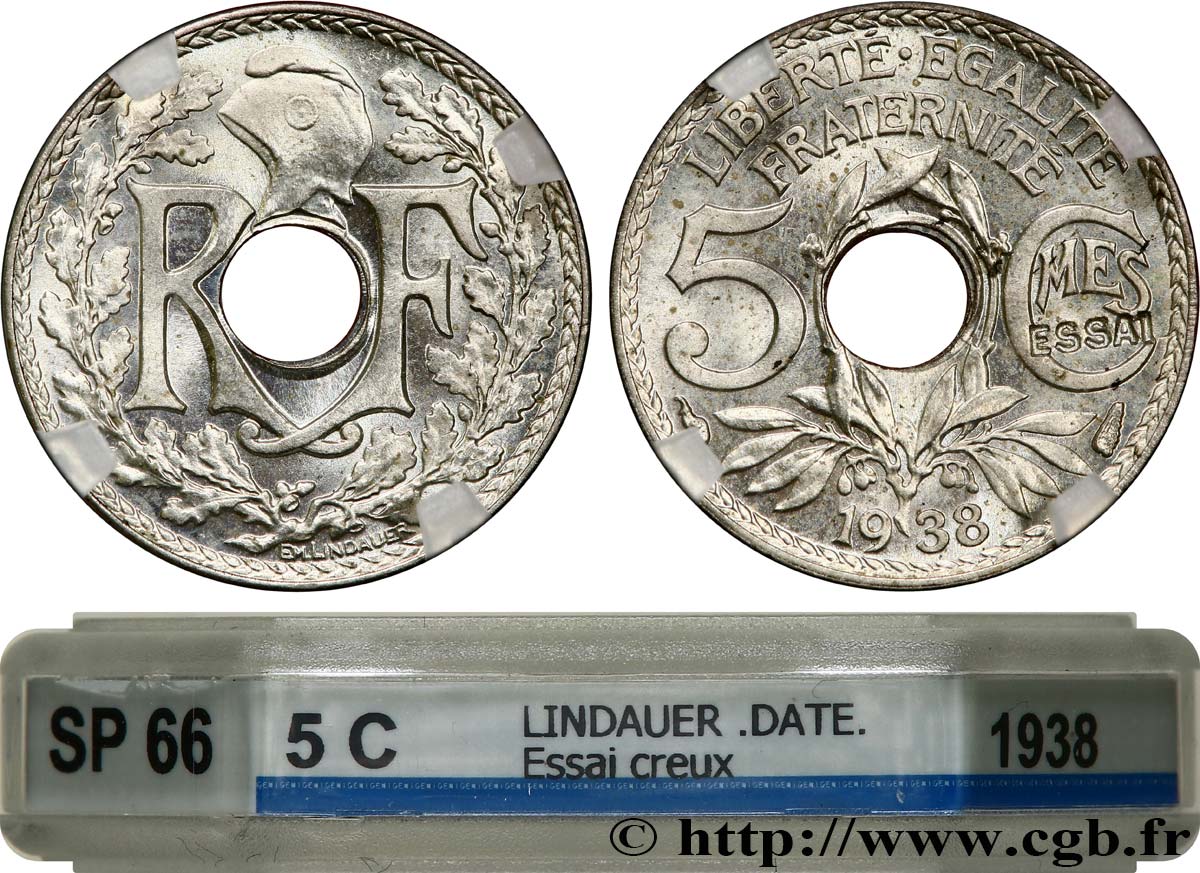 Essai de 5 centimes Lindauer maillechort, ESSAI en creux 1938 Paris GEM.19 10 FDC66 GENI