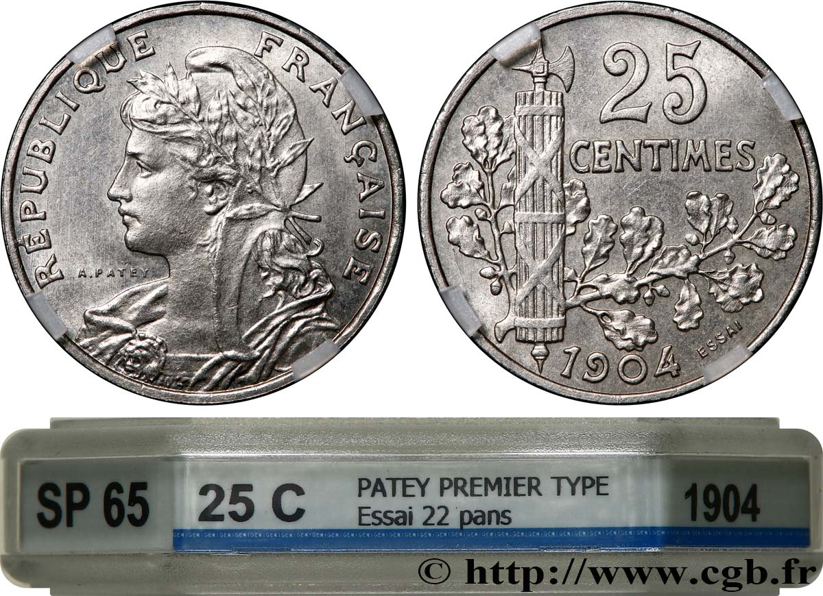Essai de 25 centimes Patey, 2e type, tranche à 22 pans 1904 Paris F.169/1 FDC65 GENI