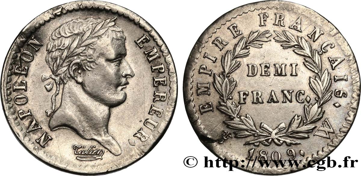 Demi-franc Napoléon Ier tête laurée, Empire français 1809 Lille F.178/9 TTB+ 