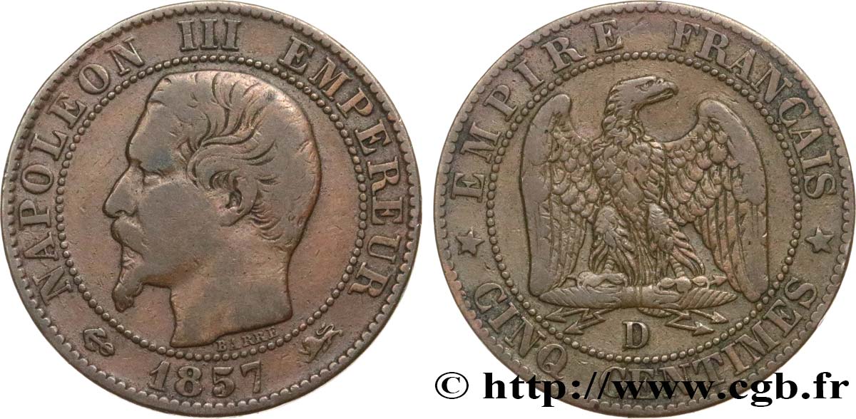 Cinq centimes Napoléon III, tête nue 1857 Lyon F.116/40 S25 